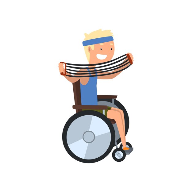 Disabled man in wheelchair exercising with shoulder expander medical rehabilitation remedial gymnastics vector Illustration isolated on a white background