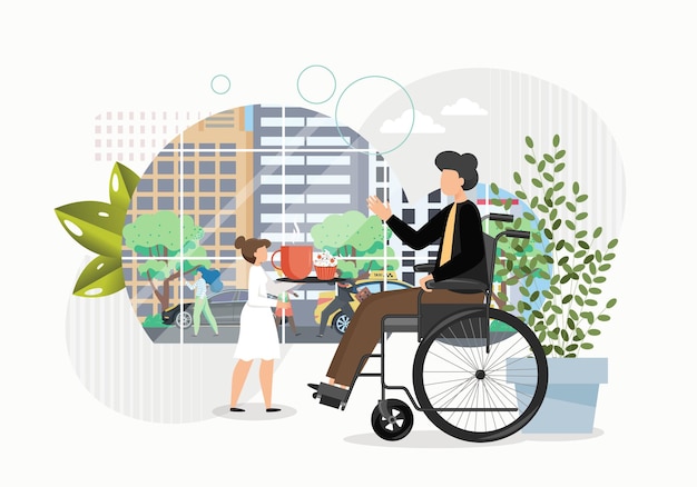 Disabled man on a wheelchair orders coffee in cafe. Accessible environment concept vector illustration. Handicapped man watching city life from window in cafe