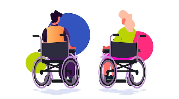 Disabled man woman in wheelchairs discussing during meeting people with disabilities rehabilitation concept