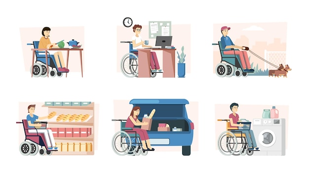 Disabled multiracial people disabled in public places vector medical conceptual pictures set