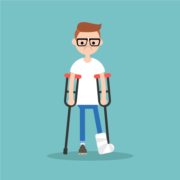 Vettore nerd disabilitato su stampelle con gamba rotta illustrazione vettoriale modificabile clip art