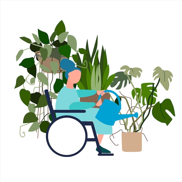 Vettore donna anziana disabile che annaffia le piante domestiche illustrazione vettoriale in stile piatto concetto di coltivazione di piante in vaso adattamento al concetto di disabilità