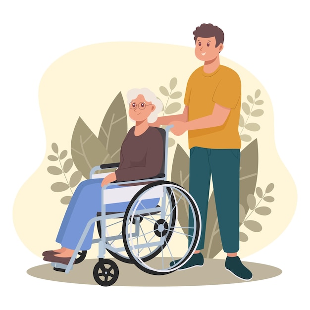 Disabled old woman in wheelchair with young man for care job illustration