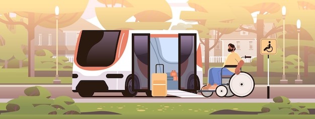 disabled passenger getting on bus with help of ramp people in wheelchair in friendly city environment accessible travel concept horizontal vector illustration