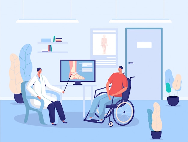 Disabled patient in wheelchair, hospital doctor consultation,  illustration