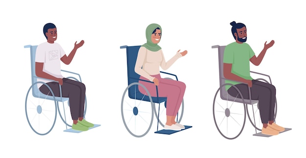 Disabled patients in wheelchairs semi flat color vector characters set