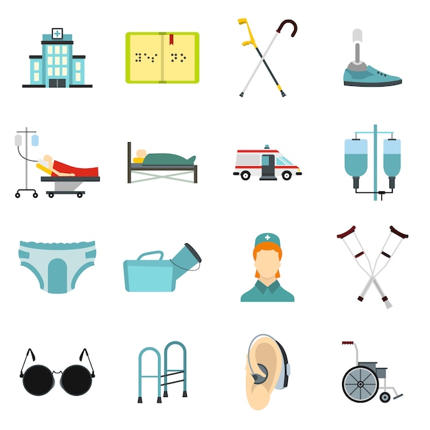 Disabled people care icons set