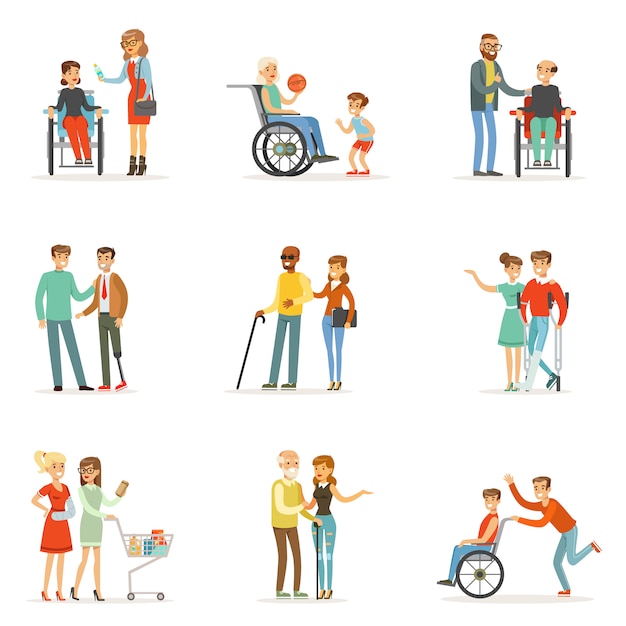 Disabled people and friends helping them set for  . cartoon detailed colorful illustrations