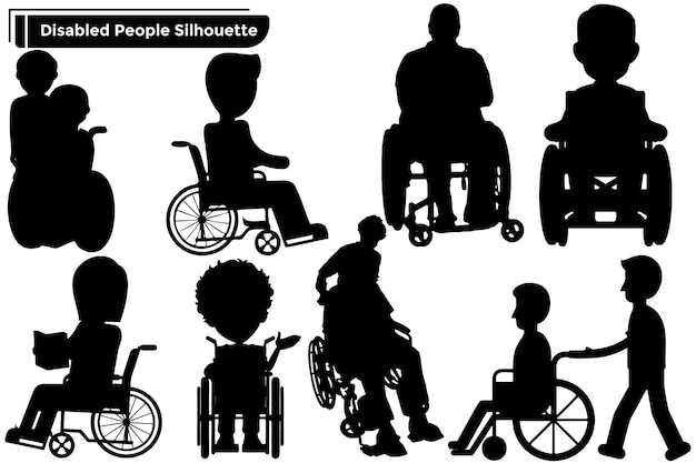 Disabled people or injured people activity of black silhouette set on white background