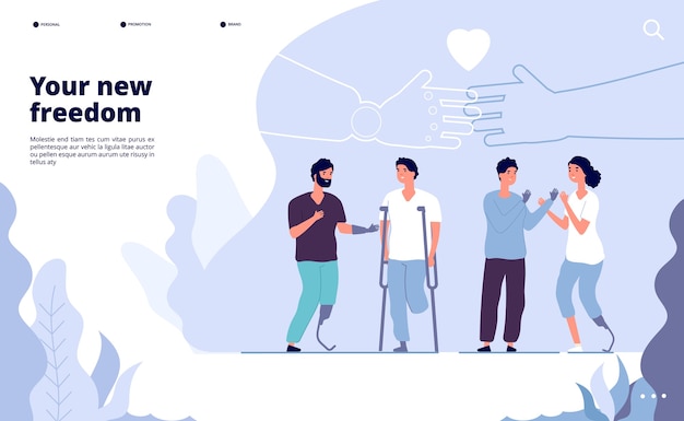 障害者の着陸。国際障害者デー。プロテーゼはあなたに新しい機会を与えます。ベクトルデザイン国際デー障害者イラスト