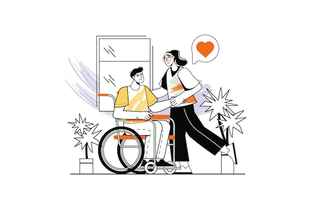 Disabled people linear concept with people scene in the flat cartoon style A girl takes care