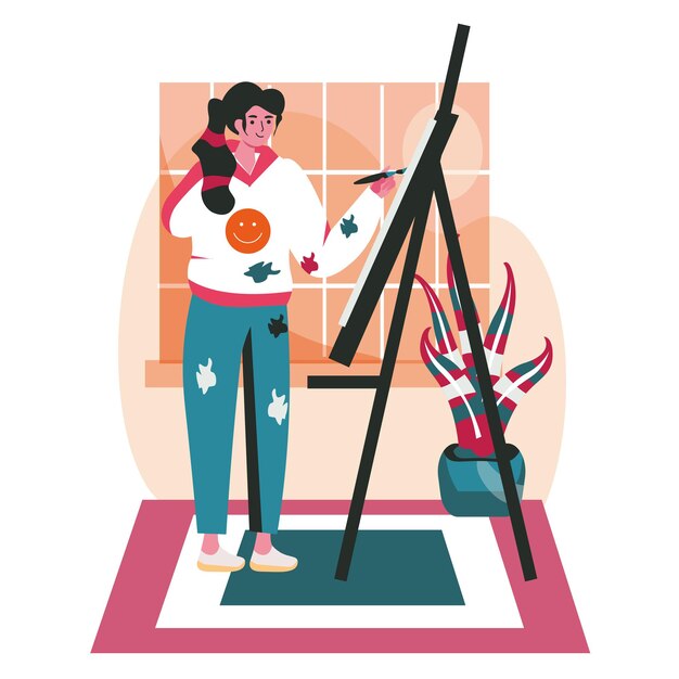 Vector disabled people scene concept. handicapped woman draws on canvas in art studio. accessibility and rehabilitation person, creative people activities. vector illustration of characters in flat design