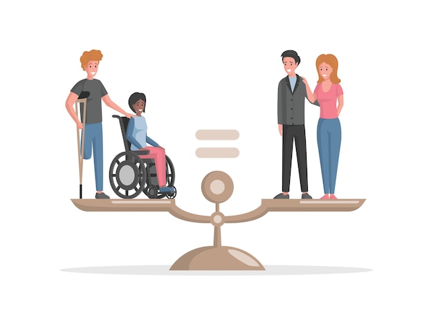 Disabled people and valid people standing on scales vector flat