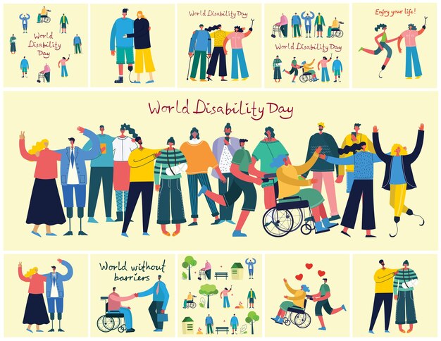 Vector disabled people, young invalid persons and men and women helping. world without barriers. flat modern cartoon characters.