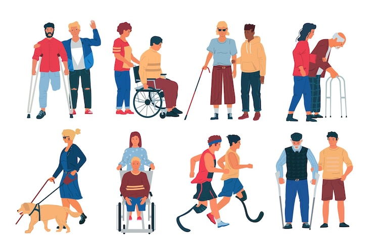 Vector disabled peoples with friends men and women with physical disorder limited mobility characters in wheelchairs and with canes handicapped persons with partners vector support set