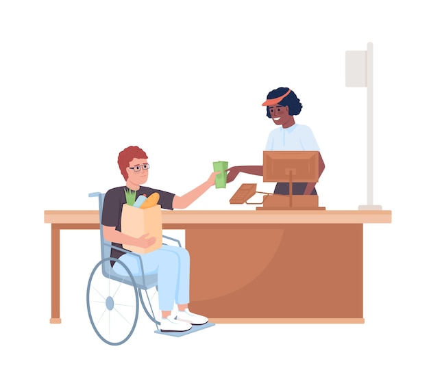 Disabled person at supermarket semi flat color vector characters