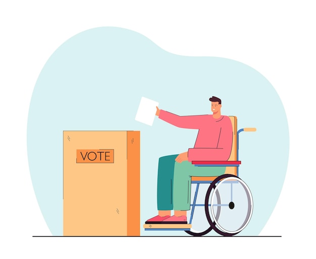 Disabled person on wheelchair putting voting paper in ballot box. Handicapped man at polling station flat illustration