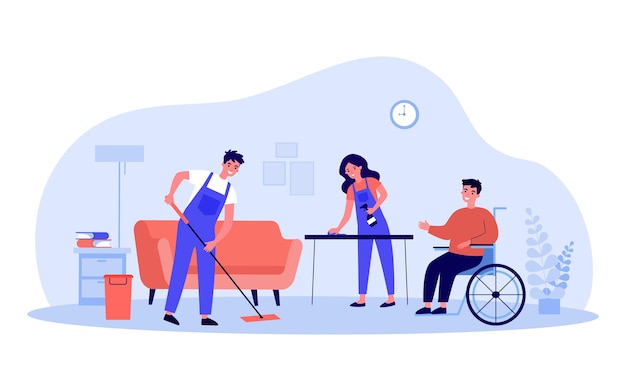 Vector disabled person in wheelchair using services of cleaning company. flat vector illustration. people in special uniforms professionally cleaning house. cleanliness, service, help, disability concept