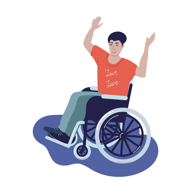 Disabled person in a wheelchair young disabled guy puts his hands up vector illustration