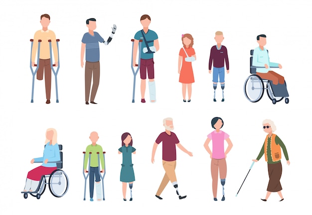 Disabled persons. diverse injured people in wheelchair, elderly, adult and children patients. handicapped characters set