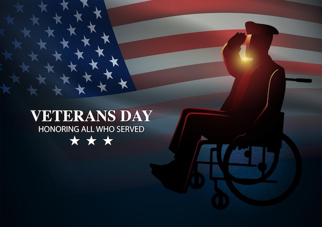 Soldato disabile seduto su una sedia a rotelle che saluta la bandiera degli stati uniti d'america