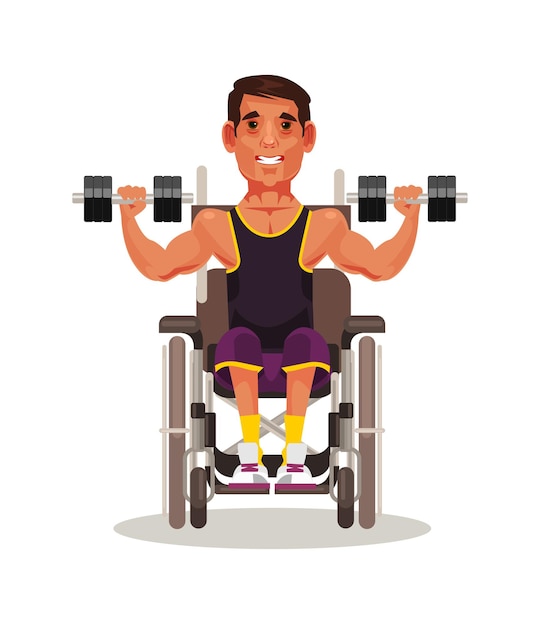 Vector disabled sport man character sitting in wheelchair and doing exercise with dumbbell