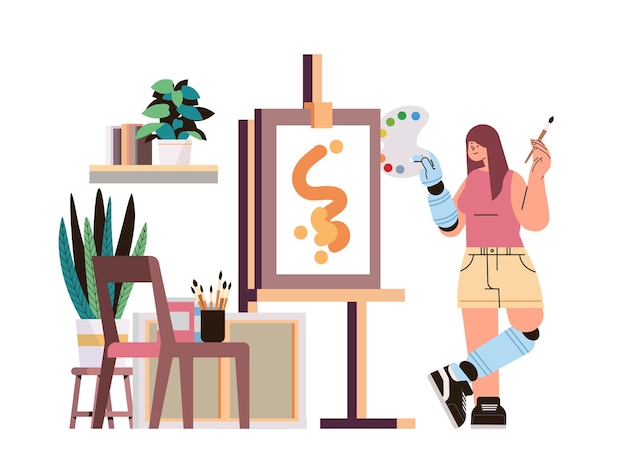 disabled woman artist with replaced robotic leg and arm girl drawing on canvas people with disabilities concept full length horizontal vector illustration