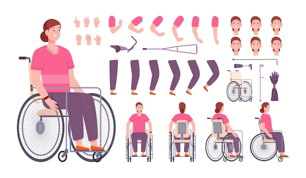 Vector disabled woman constructor disability female diy character animation girl in wheelchair and crutch body poses creation kit user visual avatar face vector illustration of woman wheelchair disabled