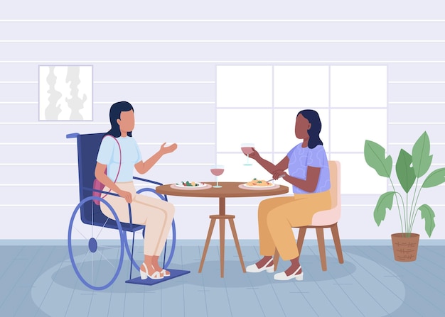 Vector disabled woman having dinner with friend flat color vector illustration