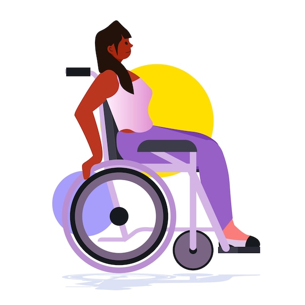 Vector disabled woman sitting in wheelchair people with disabilities rehabilitation concept vector illustration