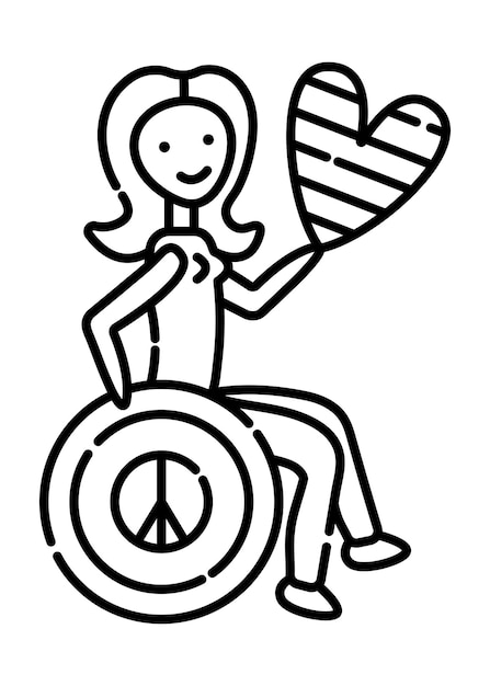Женщина-инвалид в инвалидной коляске с сердцем в руке и мирным символом на колесе стула