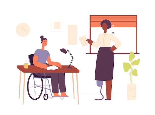 Vector disabled women working in the office room