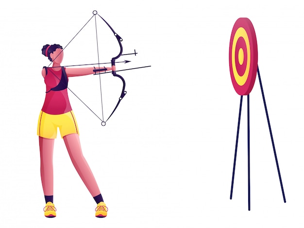 Vector disabled young girl taking aim from bow arrow in dartboard