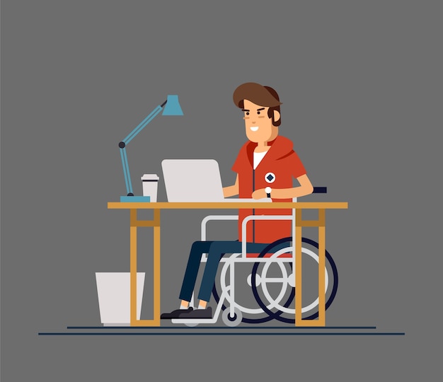 Молодой человек-инвалид в инвалидной коляске, работающий с компьютером в офисе. Плоский стиль иллюстрации шаржа