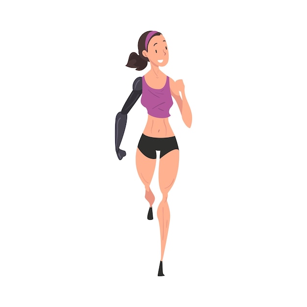 Vector disabled young woman running female athlete character with bionic arm prosthesis jogging front view