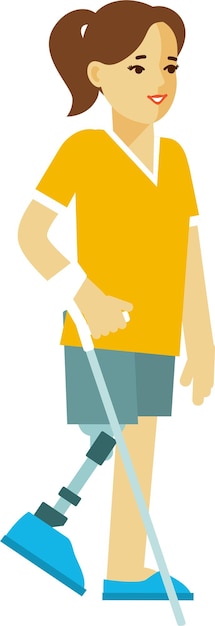 Vector disabled young woman with leg prosthesis and elbow crutch