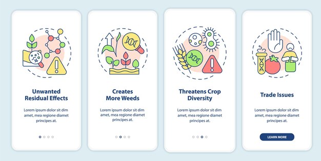 gmo 온보딩 모바일 앱 화면의 단점. 식품 문제는 선형 개념이 포함된 4단계 그래픽 지침 페이지를 안내합니다. UI, UX, GUI 템플릿입니다. 무수히 많은 Pro-Bold, 일반 글꼴 사용