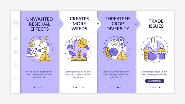 Disadvantages of gmo purple and white onboarding template Food issues Responsive mobile website with linear concept icons Web page walkthrough 4 step screens LatoBold Regular fonts used