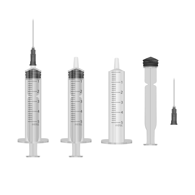 Disassembled syringe isolated on a white background plastic syringe for injection vector format