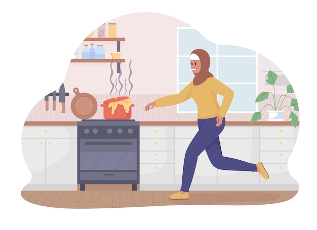 Disaster in kitchen 2D vector isolated illustration