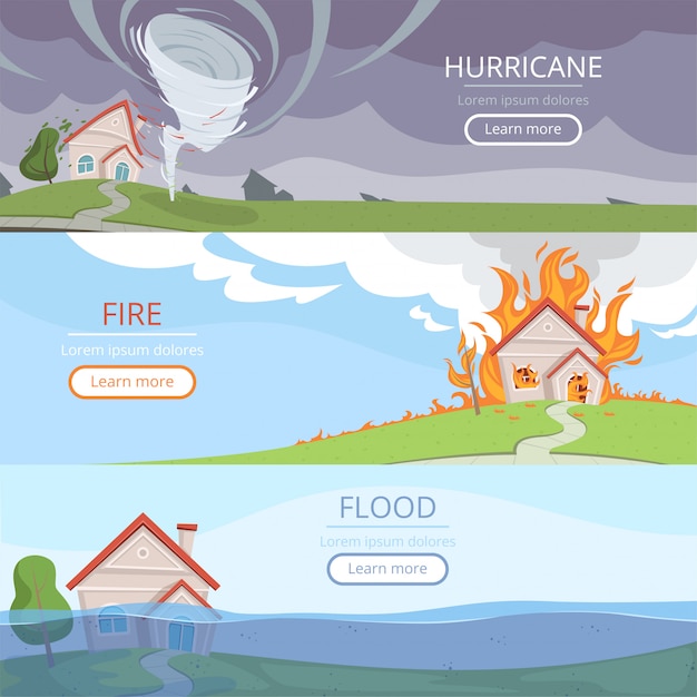 Banner meteo disastrosi. danni provocati dalla casa di pioggia della tempesta del vento del vulcano dello tsunami dalle immagini di vettore del lampo con il posto per testo