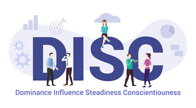 Disc dominance influence steadiness conscientiouness concept with big word or text and team people with modern flat style vector