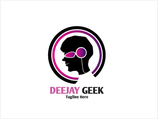 Disc jockey dj geek music head logo