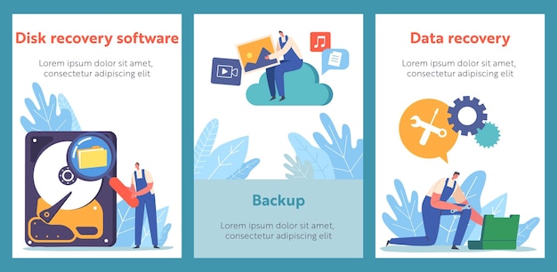 ディスク回復ソフトウェアの漫画のバナー労働者の文字データと情報のストレージのハード ディスクの概念を修正
