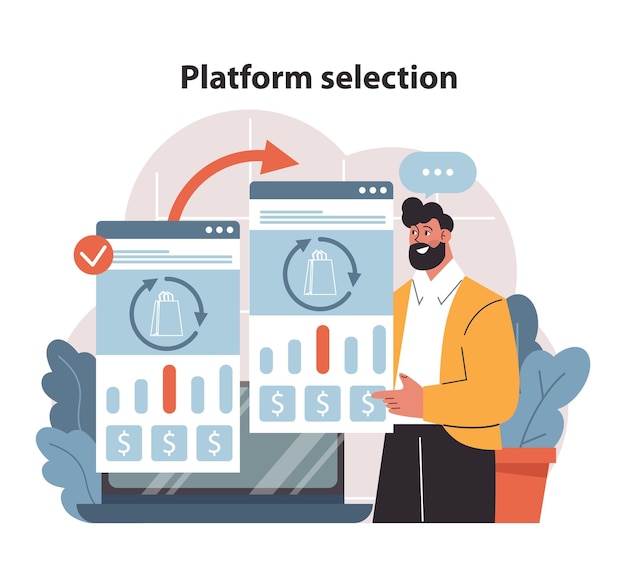 A discerning businessman analyzes metrics on multiple screens making strategic platform selection