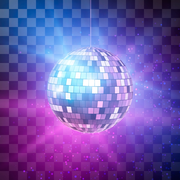 Vector disco bal met heldere stralen op transparante achtergrond, nacht partij retro achtergrond. illustratie