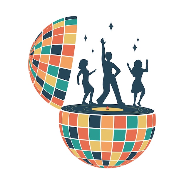 Vector disco ball and dancing groovy clockwork elements in retro hippie style of the 70s vector
