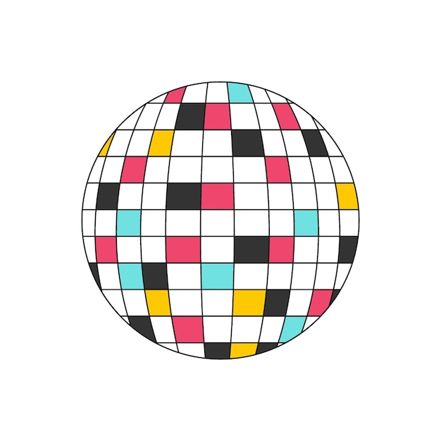 Disco ball Disco equipment with mirrored and colored elements reflecting light Retro decorative element A flat icon with an outline Color vector illustration isolated on a white background