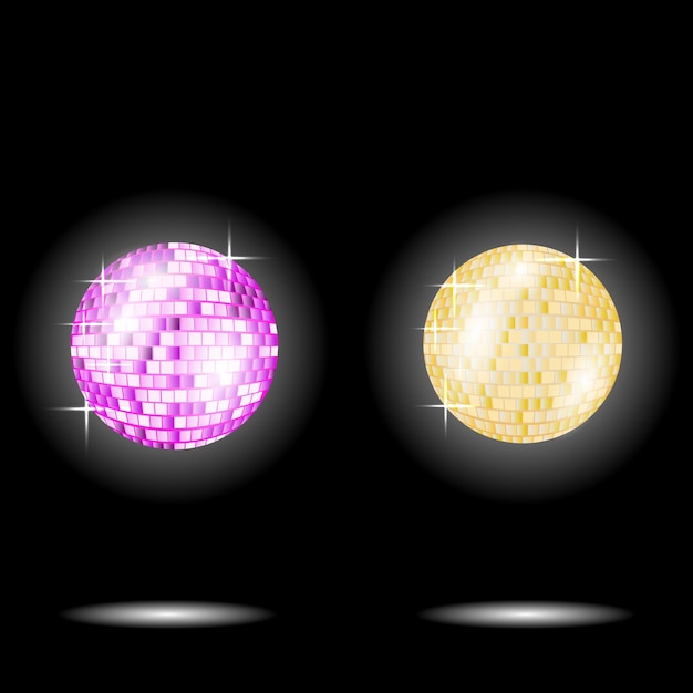 Vector disco ball isolated set illustration night club party light element mirror pink and golden balls