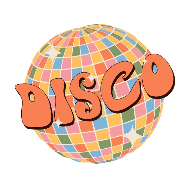 Vector disco ball and lettering in 70s retro hippie style